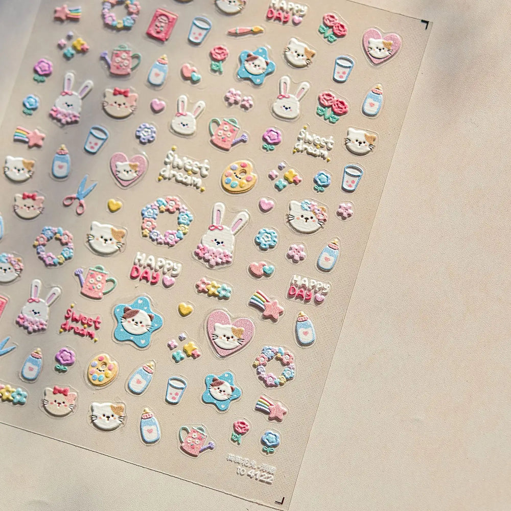 Cream Wind Cat Rabbit Kitten Bunny Bowknot Flower Butterfly Cake Cherry Tulip 5D Self Adhesive Nail Art Stickers Manicure Decals (Online Order Only)