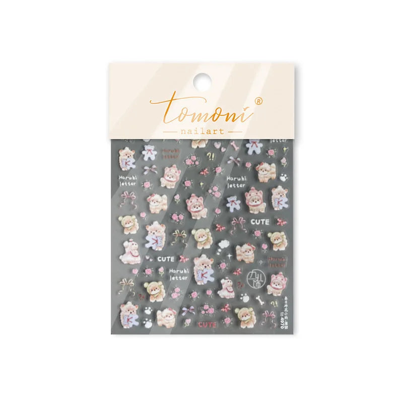 Spring Dog Bear Toy Rose Flower Floral Print Letter Bone Butterfly Cat Puppy Relief Adhesive Nail Art Stickers Manicure Decals (Online Order Only)