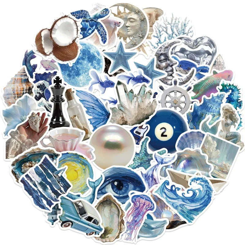 10/30/50PCS Silver Blue Sea PVC Sticker Aesthetic Decoration Scrapbooking Korean Stationery Hand Accounting Supplies for Kids (ONLINE ORDER ONLY)