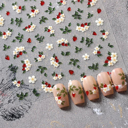 Delicate Chic White Flower Jelly Green Leaves Red Fruits Lily Gardenia Self Adhesive Nail Art Stickers Rhinestone Manicure Decal (Online Order Only)