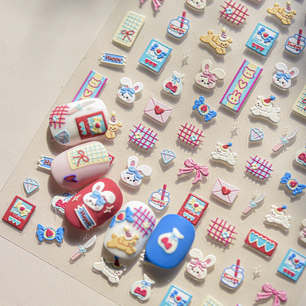 Graffiti Rabbit Dog Bunny Milk Strawberry Jewel Candy Knife Envelope Soft Relief Adhesive Nail Art Stickers Cute Manicure Decals (Online Order Only)