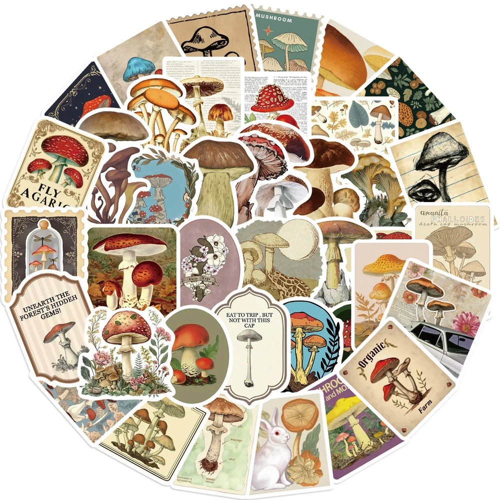 10/50Pcs Vintage Mushroom Stickers Aesthetic Retro Style DIY Decals For Phone Fridge Laptop Stationery Books Graffiti Sticker (ONLINE ORDER ONLY)
