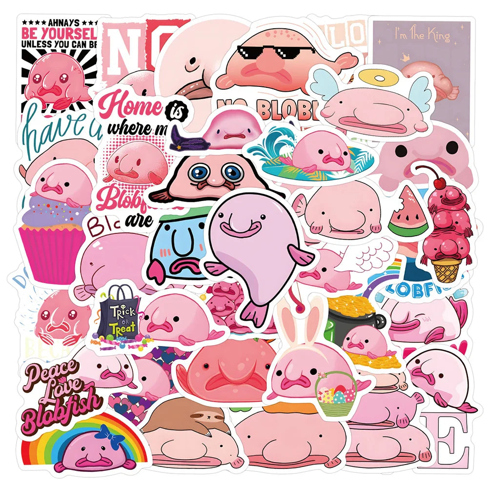 Blobfish Cartoon Stickers Pack - Cute Pink Animal Decals for Laptop, Suitcase, Phone, Scrapbook (ONLINE ORDER ONLY)