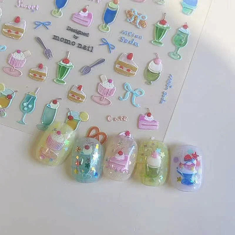 Colorful Food Pudding Alkali Water Bowknot Cream Fork Cup Bread Jelly Fruit Cartoon Cake Relief Nail Art Sticker Manicure Decals (ONLINE ORDER ONLY)