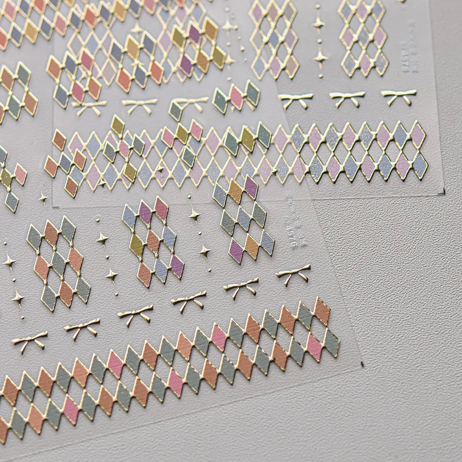 Geometric French Style Colorful Square Grid Rhombus Line Stripe Bowknot 3D Self Adhesive Nail Art Stickers Shiny Manicure Decals (ONLINE ORDER ONLY)