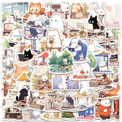 50pcs Cute Cartoon Animals Daily Life Stickers Vinyl Laptop Decals Luggage Skateboard Guitar Phone Waterproof Graffiti (ONLINE ORDER ONLY)