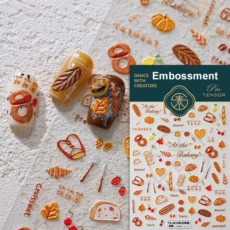 Colorful Food Pudding Alkali Water Bowknot Cream Fork Cup Bread Jelly Fruit Cartoon Cake Relief Nail Art Sticker Manicure Decals (ONLINE ORDER ONLY)