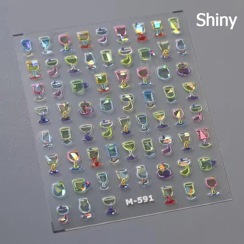 Colorful Food Pudding Alkali Water Bowknot Cream Fork Cup Bread Jelly Fruit Cartoon Cake Relief Nail Art Sticker Manicure Decals (ONLINE ORDER ONLY)