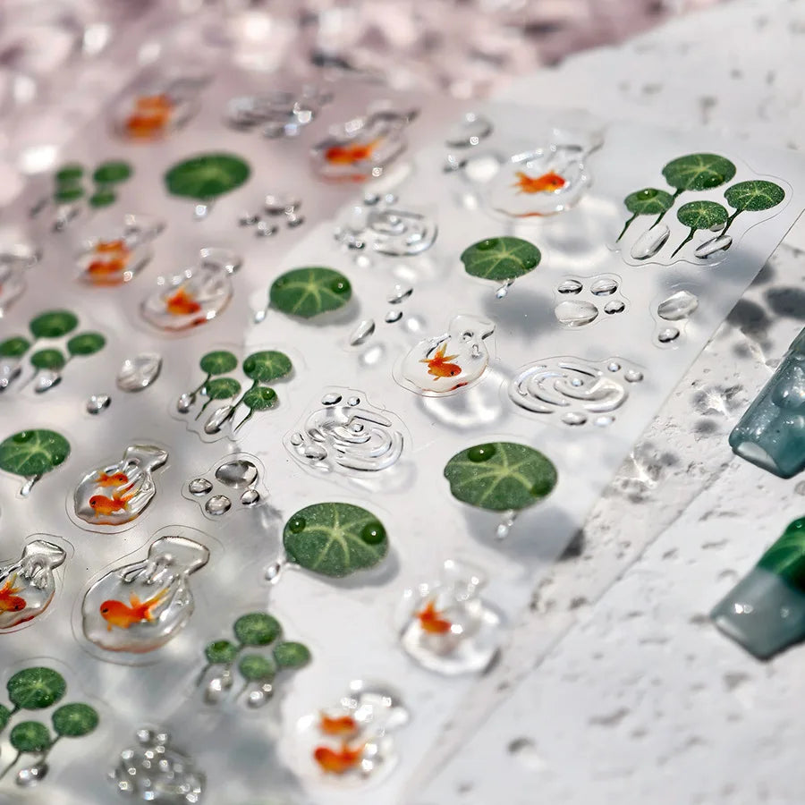 Lotus Flower Leaf Goldfish Ripple Wavelet Water Droplet Lotus Pond Brocaded Carp Self Adhesive Nail Art Stickers Manicure Decals (Online Order Only)