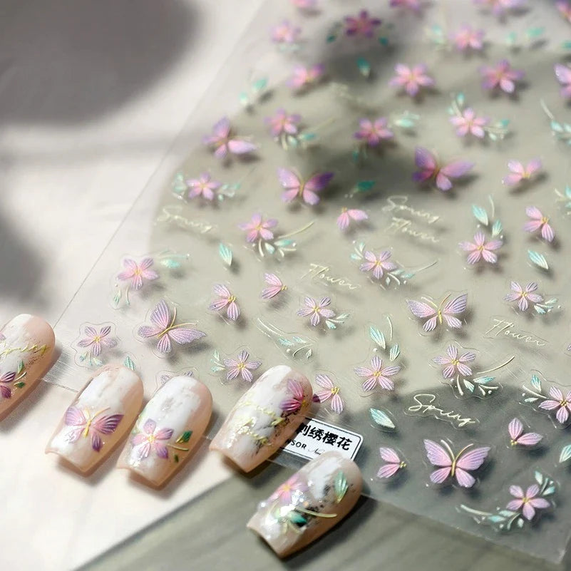 Charming Pink Purple Embroidery Gradual Butterfly Flowers Green Leaf 5D Tender Self Adhesive Nail Art Stickers Manicure Decals (ONLINE ORDER ONLY)