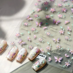 Charming Pink Purple Embroidery Gradual Butterfly Flowers Green Leaf 5D Tender Self Adhesive Nail Art Stickers Manicure Decals (ONLINE ORDER ONLY)
