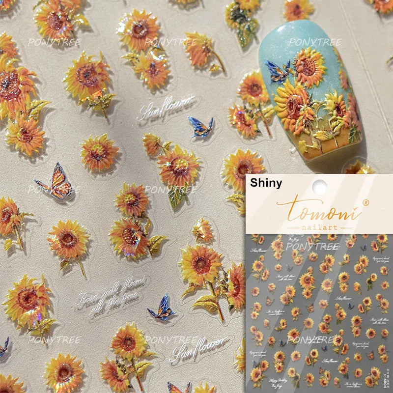 Embossed Shiny Vigor Sunflower Turnsole Vitality Butterfly Daisy Oil Painting Plant 5D Adhesive Nail Art Sticker Manicure Decals (ONLINE ORDER ONLY)