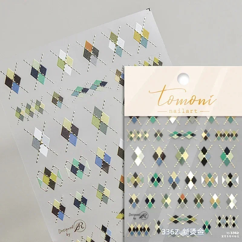 Geometric French Style Colorful Square Grid Rhombus Line Stripe Bowknot 3D Self Adhesive Nail Art Stickers Shiny Manicure Decals (ONLINE ORDER ONLY)