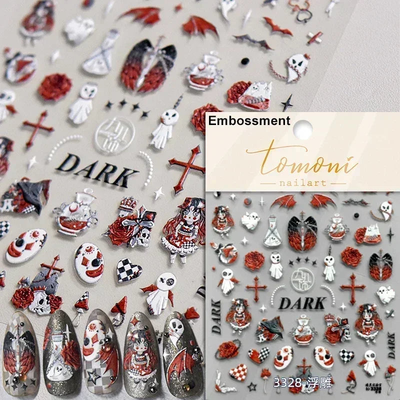 Cat Eye Halloween Terror Spider Cross Rose Love Heart Flower Snake Web Candy Bunny Thrilling Nail Art Stickers Manicure Decals (Online Order Only)