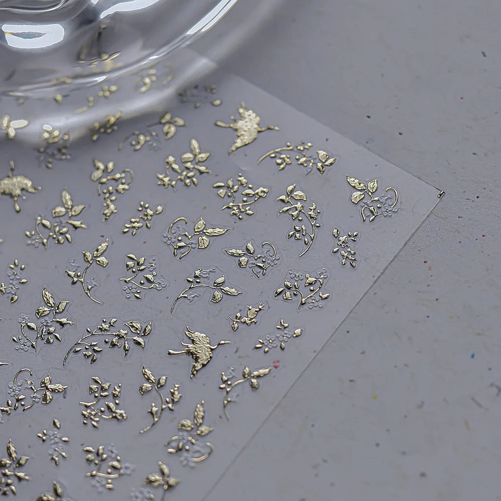 Dried Flowers Rose Butterfly Love Heart Golden Stroke Flying Crane Silver Adhesive Nail Art Stickers Rhinestone Manicure Decals (ONLINE ORDER ONLY)