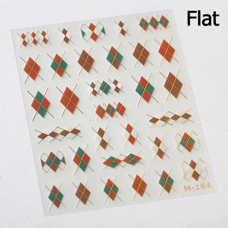 Geometric French Style Colorful Square Grid Rhombus Line Stripe Bowknot 3D Self Adhesive Nail Art Stickers Shiny Manicure Decals (ONLINE ORDER ONLY)