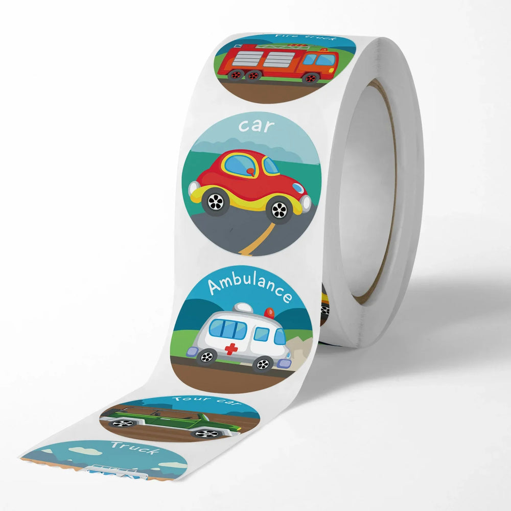 100-500Pcs 1inch Cartoon Car Aircraft Excavator Stickers Children's Toys Reward Learning English Label Stationery Gift Sticker (Online Order Only)