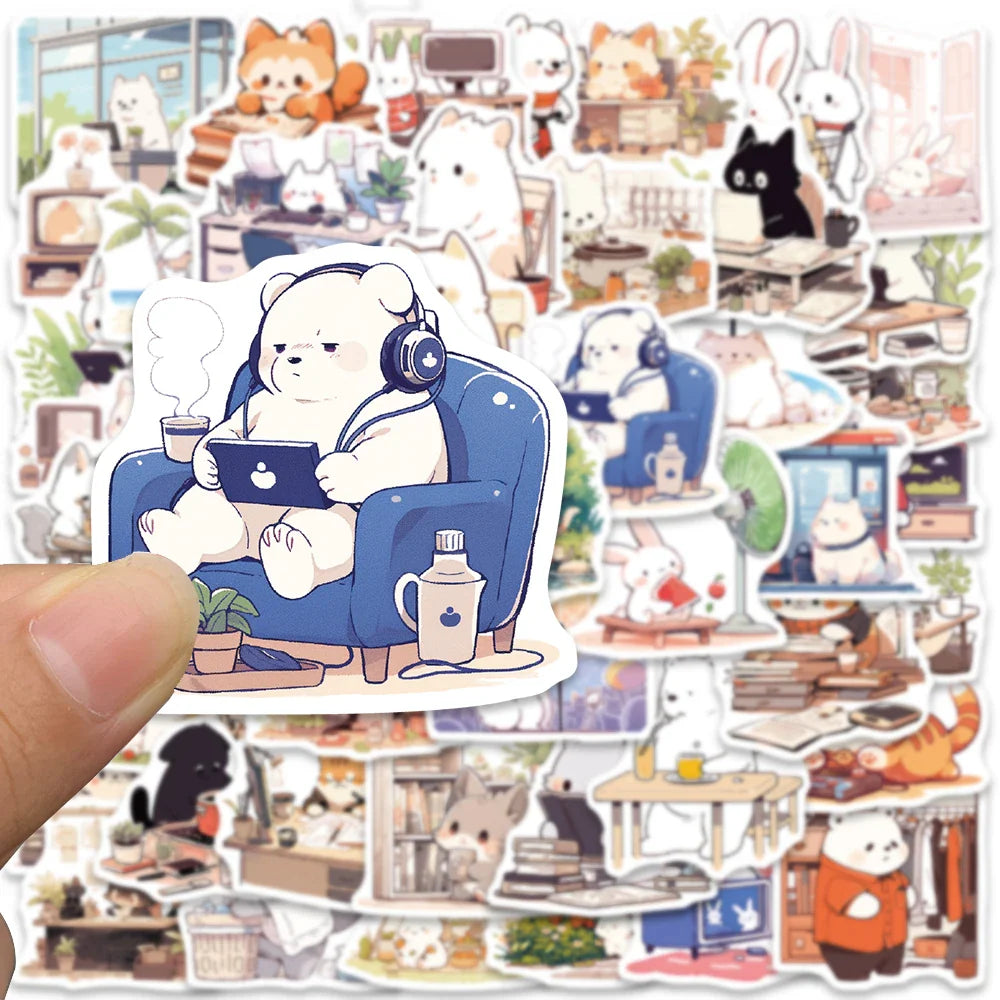 50pcs Cute Cartoon Animals Daily Life Stickers Vinyl Laptop Decals Luggage Skateboard Guitar Phone Waterproof Graffiti (ONLINE ORDER ONLY)