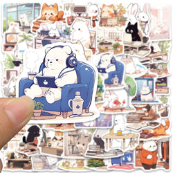 50pcs Cute Cartoon Animals Daily Life Stickers Vinyl Laptop Decals Luggage Skateboard Guitar Phone Waterproof Graffiti (ONLINE ORDER ONLY)