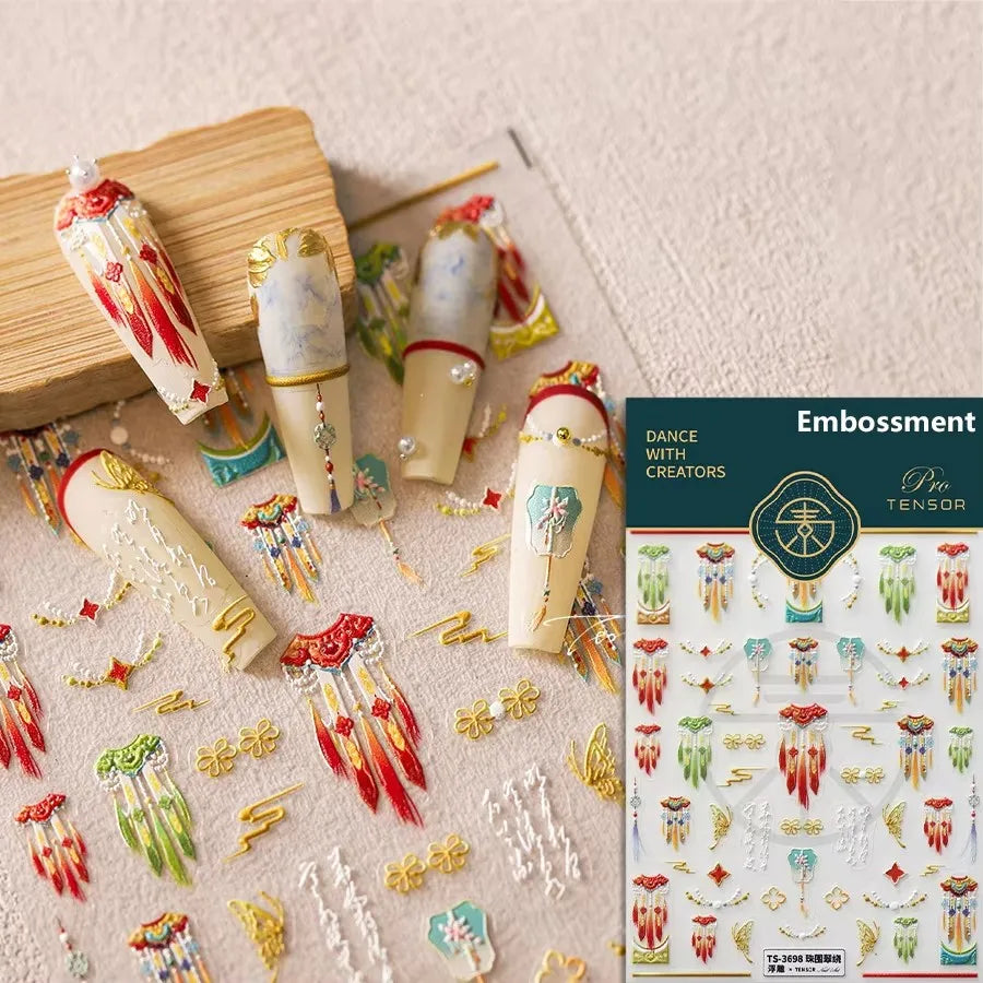 Yunjin Brocade Shawl Tassel Pendant Traditional Chinese Costumes and Ornaments Self Adhesive Nail Art Stickers Manicure Decals (ONLINE ORDER ONLY)