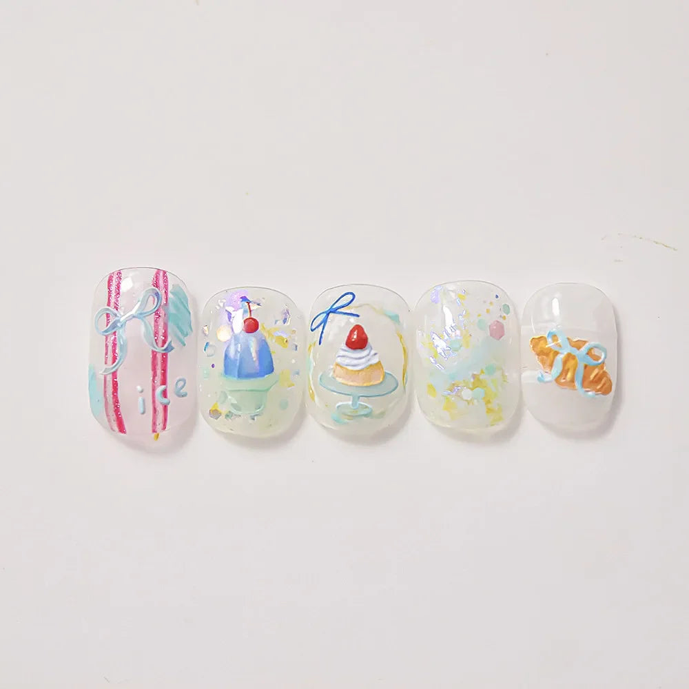 Colorful Food Pudding Alkali Water Bowknot Cream Fork Cup Bread Jelly Fruit Cartoon Cake Relief Nail Art Sticker Manicure Decals (ONLINE ORDER ONLY)