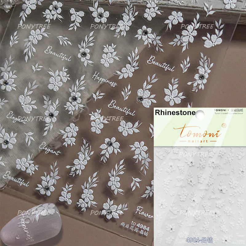 White Flower Colourful Butterfly Pearl Petal Beautiful Garden Charming Plant 5D Self Adhesive Nail Art Stickers Manicure Decals (ONLINE ORDER ONLY)
