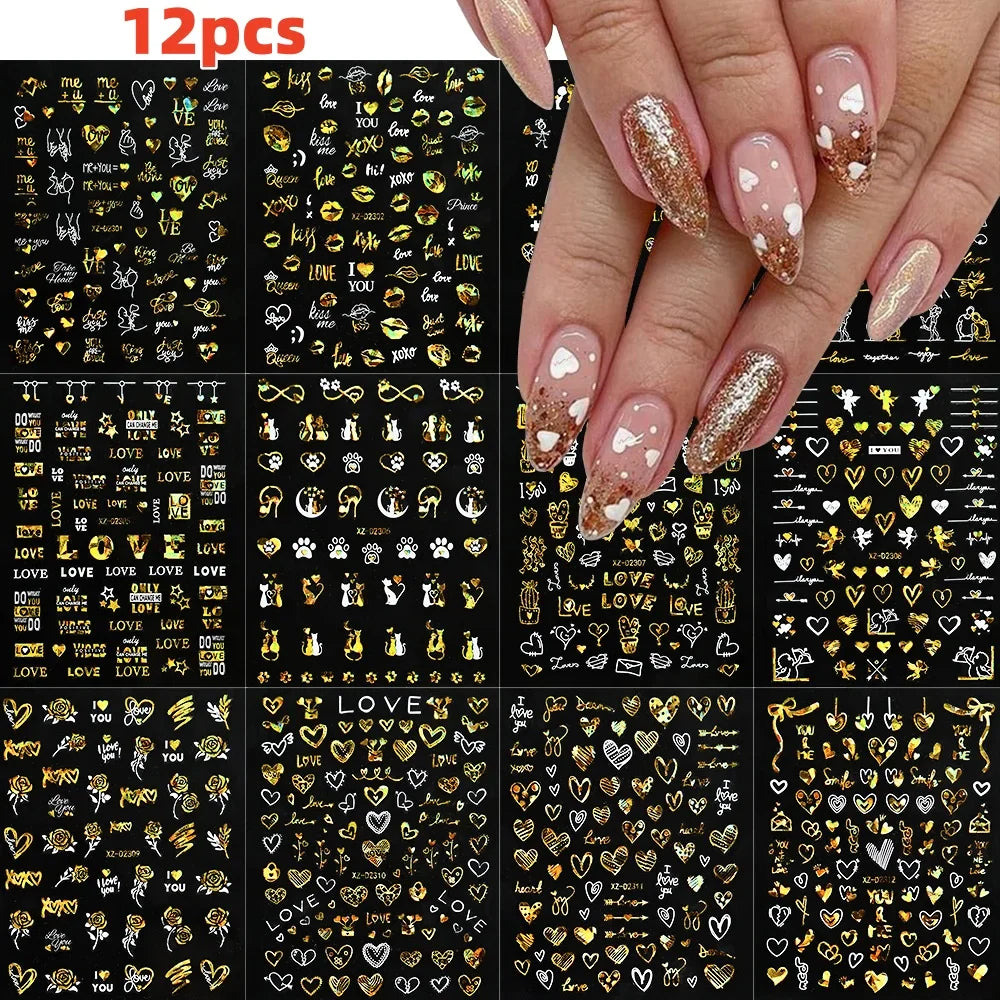 12pcs 3D Golden Glitter Heart Love Nail Stickers Valentine Self Adhesive Cute Cartoon Decal Geometry Slider Manicure Decoration* (ONLINE ORDER ONLY)