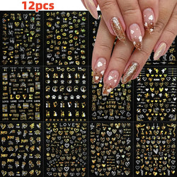 12pcs 3D Golden Glitter Heart Love Nail Stickers Valentine Self Adhesive Cute Cartoon Decal Geometry Slider Manicure Decoration* (ONLINE ORDER ONLY)