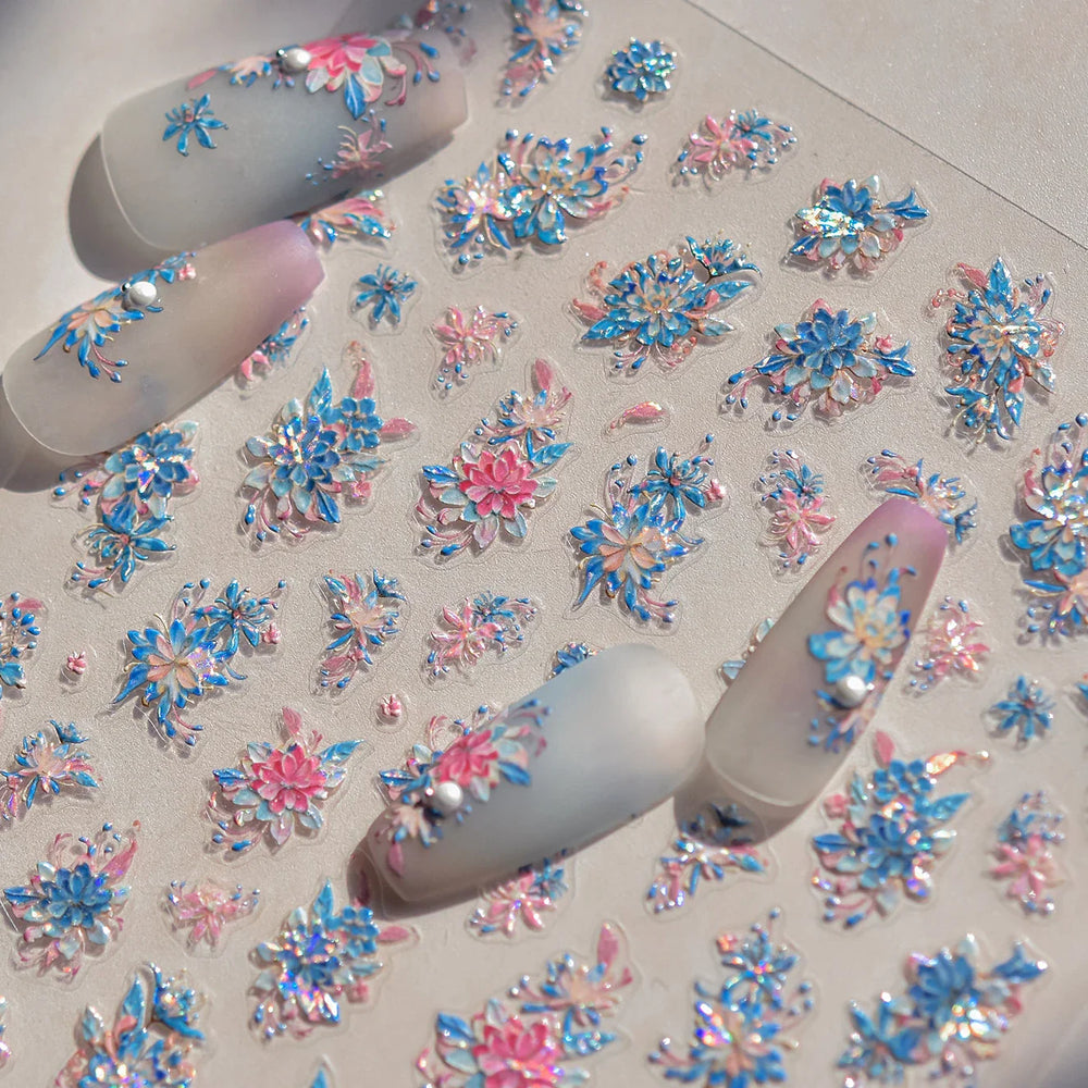 Delicate Shiny Pink Flower Blue Hairpin with Flower Decoration Self Adhesive Nail Art Stickers Pearl Rhinestone Manicure Decals (Online Order Only)