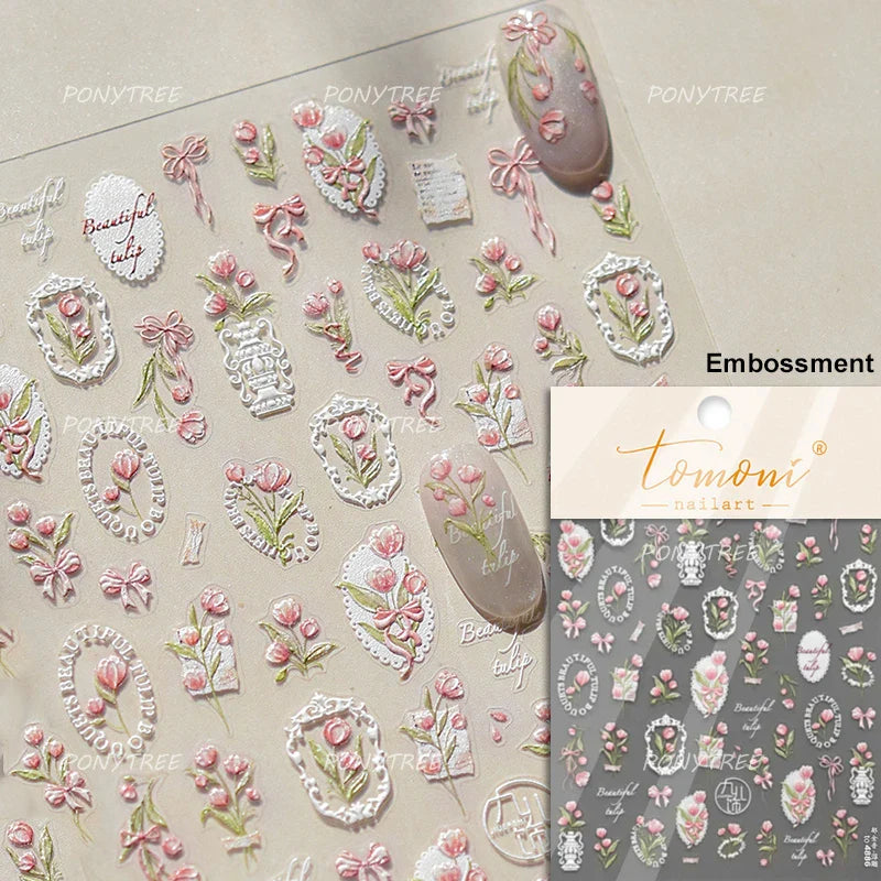 Cute  Pink Blue Nature Tulip Star Heart Butterfly Peach Blossom Jelly Embossed Relief Adhesive Nail Art Stickers Manicure Decals (ONLINE ORDER ONLY)
