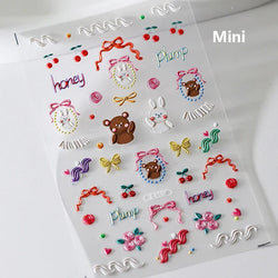 Colorful Food Pudding Alkali Water Bowknot Cream Fork Cup Bread Jelly Fruit Cartoon Cake Relief Nail Art Sticker Manicure Decals (ONLINE ORDER ONLY)