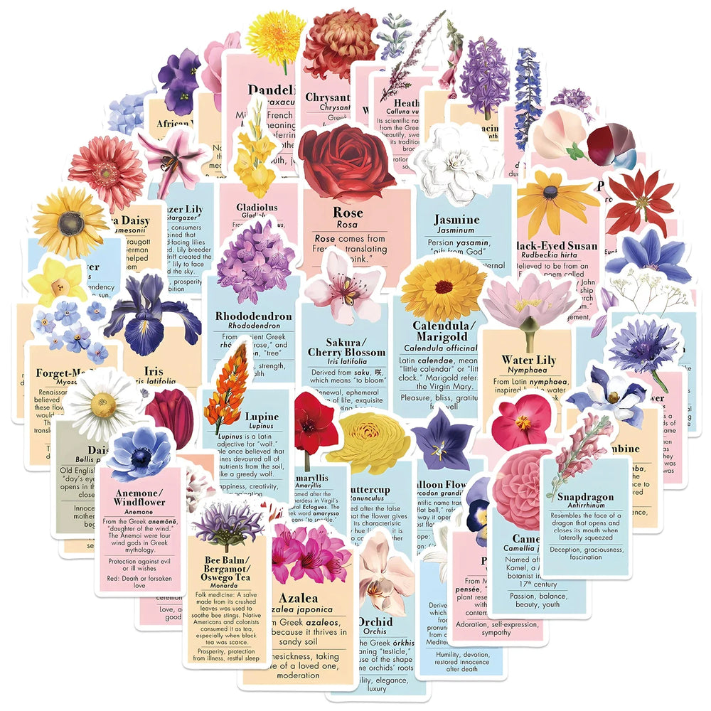50pcs Ins Style Flower Language Stickers For Skateboard Notebook Laptop Phone Bike Wall Sticker Toys Aesthetic DIY Decoration (ONLINE ORDER ONLY)