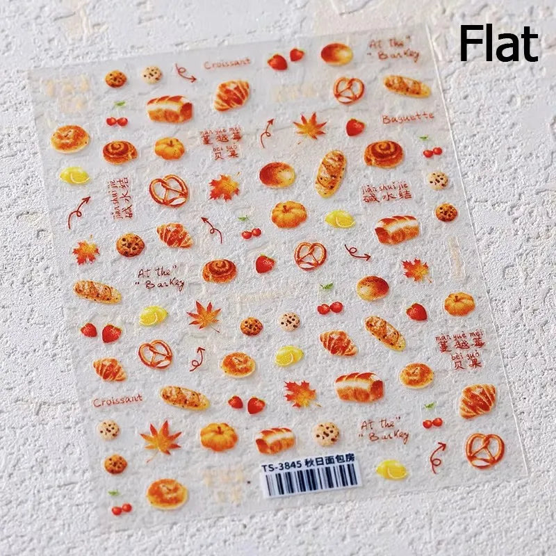 Colorful Food Pudding Alkali Water Bowknot Cream Fork Cup Bread Jelly Fruit Cartoon Cake Relief Nail Art Sticker Manicure Decals (ONLINE ORDER ONLY)