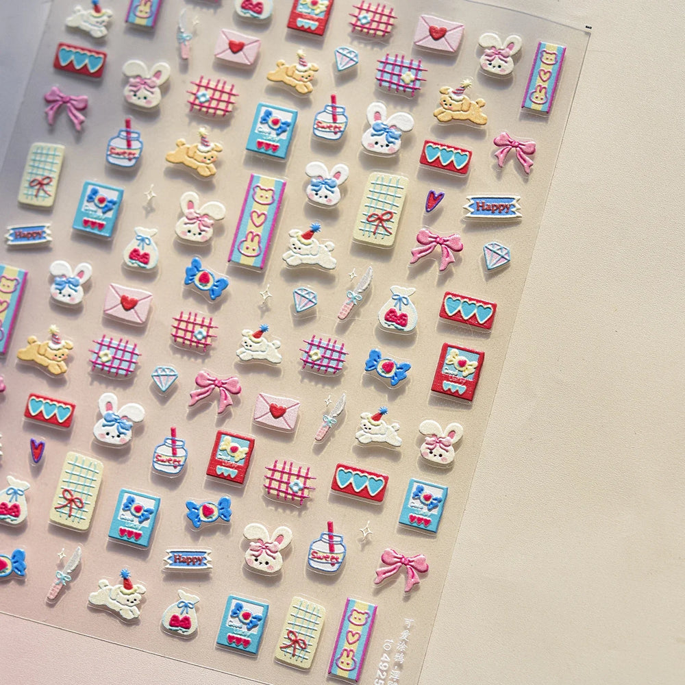 Graffiti Rabbit Dog Bunny Milk Strawberry Jewel Candy Knife Envelope Soft Relief Adhesive Nail Art Stickers Cute Manicure Decals (Online Order Only)