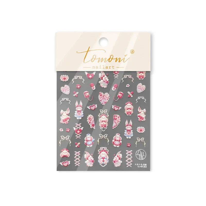 Cream Wind Cat Rabbit Kitten Bunny Bowknot Flower Butterfly Cake Cherry Tulip 5D Self Adhesive Nail Art Stickers Manicure Decals (Online Order Only)