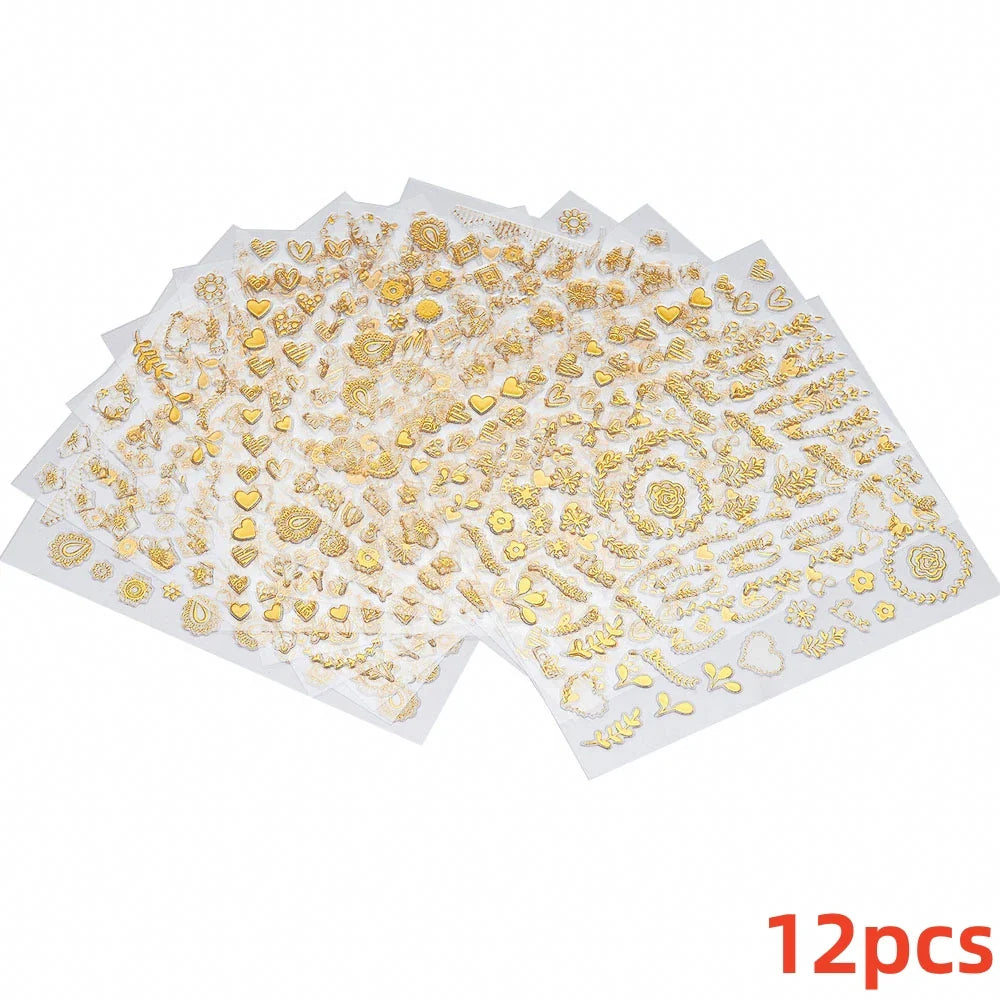 12pcs 3D Golden Glitter Heart Love Nail Stickers Valentine Self Adhesive Cute Cartoon Decal Geometry Slider Manicure Decoration* (ONLINE ORDER ONLY)