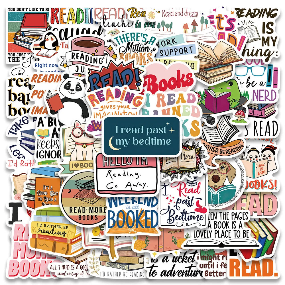 10/30/50PCS Cute Book Reading Stickers Inspirational English Phrase Decals DIY Scrapbook Laptop Fridge Phone Luggage Car Sticker (ONLINE ORDER ONLY)