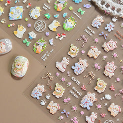 Spring Dog Bear Toy Rose Flower Floral Print Letter Bone Butterfly Cat Puppy Relief Adhesive Nail Art Stickers Manicure Decals (Online Order Only)