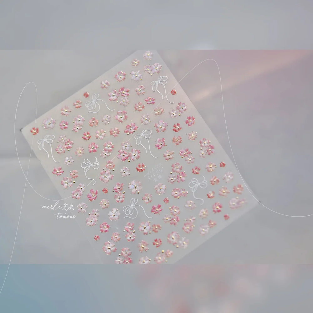 Peach Blossom Gradual Pink Petal Flower Line Bowknot Hot Stamping Halo Dyeing Delicate Adhesive Nail Art Sticker Manicure Decals (ONLINE ORDER ONLY)