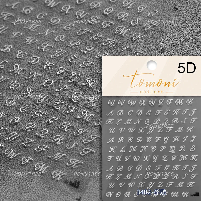 Romantic White Black Capital English Letters Chic Gold Punk Colorful Stamp Word 3D Self Adhesive Nail Art Sticker Manicure Decal (ONLINE ORDER ONLY)