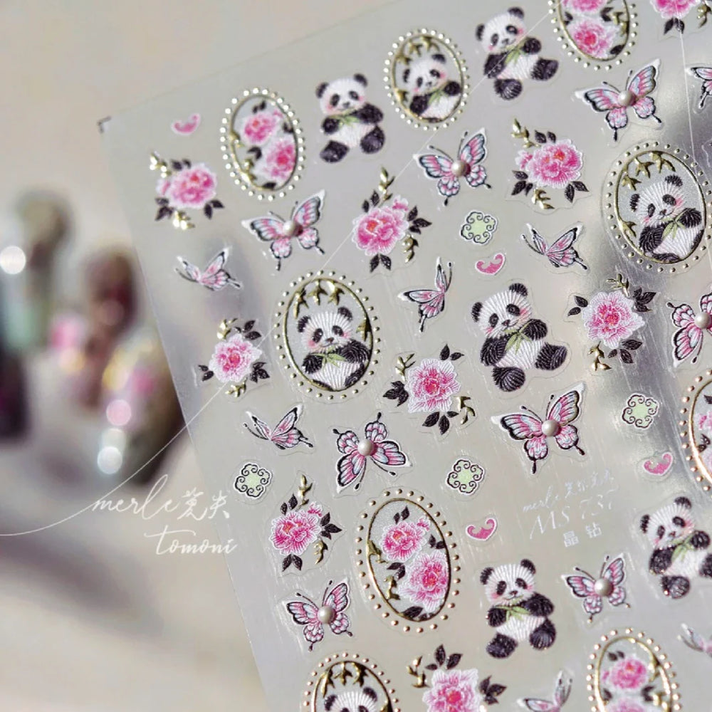 Panda Bamboo Butterfly Pattern Totem Figure Peony Flower Love Heart Adhesive Nail Art Stickers Embroidery Pearl Manicure Decals (ONLINE ORDER ONLY)