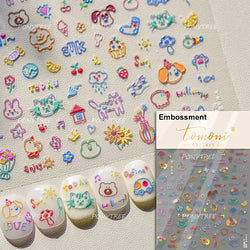Spring Dog Bear Toy Rose Flower Floral Print Letter Bone Butterfly Cat Puppy Relief Adhesive Nail Art Stickers Manicure Decals (Online Order Only)
