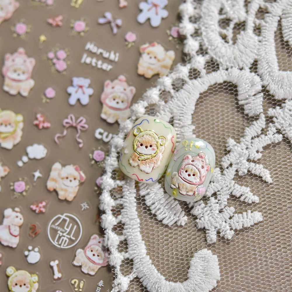 Spring Dog Bear Toy Rose Flower Floral Print Letter Bone Butterfly Cat Puppy Relief Adhesive Nail Art Stickers Manicure Decals (Online Order Only)