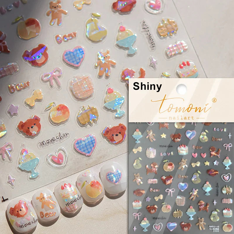 Colorful Food Pudding Alkali Water Bowknot Cream Fork Cup Bread Jelly Fruit Cartoon Cake Relief Nail Art Sticker Manicure Decals (ONLINE ORDER ONLY)