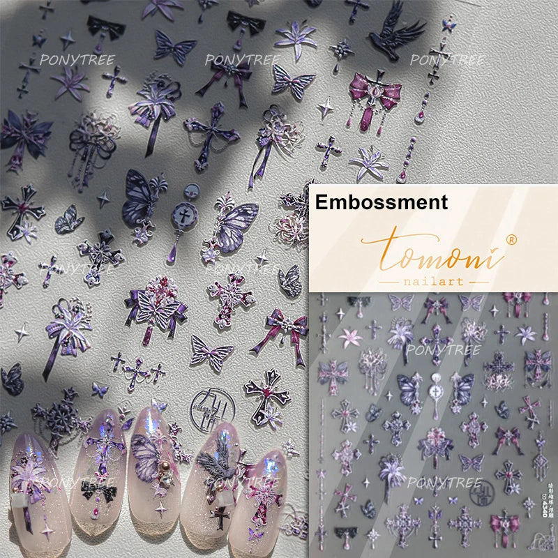 Charming Pink Purple Embroidery Gradual Butterfly Flowers Green Leaf 5D Tender Self Adhesive Nail Art Stickers Manicure Decals (ONLINE ORDER ONLY)