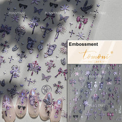 Charming Pink Purple Embroidery Gradual Butterfly Flowers Green Leaf 5D Tender Self Adhesive Nail Art Stickers Manicure Decals (ONLINE ORDER ONLY)