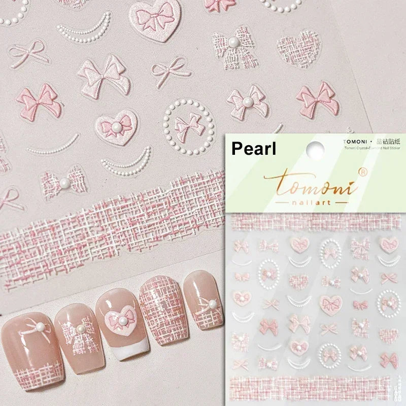 Geometric French Style Colorful Square Grid Rhombus Line Stripe Bowknot 3D Self Adhesive Nail Art Stickers Shiny Manicure Decals (ONLINE ORDER ONLY)