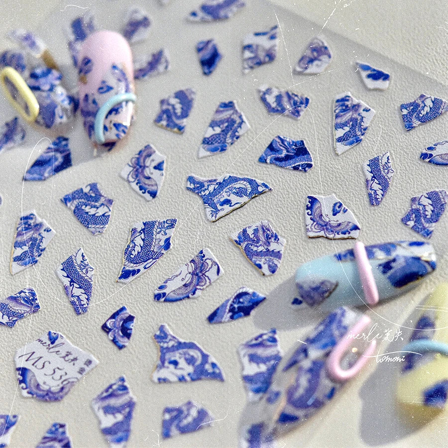 Retro Embroidered Dragon Red Pink Blue White Porcelain Chinese 3D Embossed Relief Self Adhesive Nail Art Stickers Manicure Decal (ONLINE ORDER ONLY)