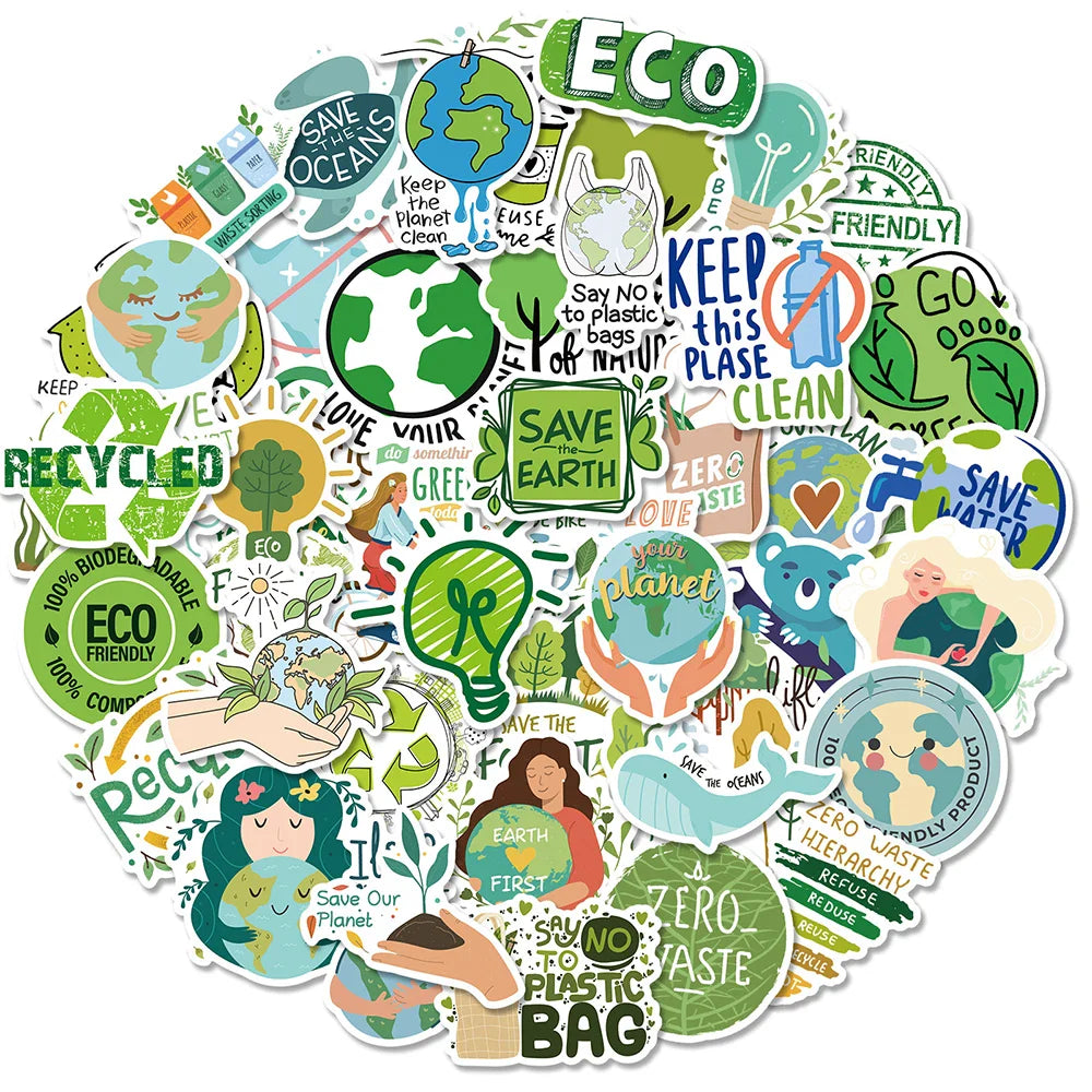 Green Ecology Stickers - 10/30/50pcs Waterproof Environmental Cartoon Decals for Notebook, Wall, Phone (Online Order Only)
