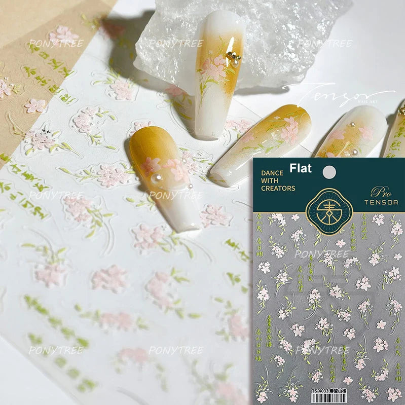 Pink Purple Orchid Hibiscus Rosa-sinensis Flower Butterfly Antique Lattice Window Adhesive Nail Art Stickers  Manicure Decals (Online Order Only)